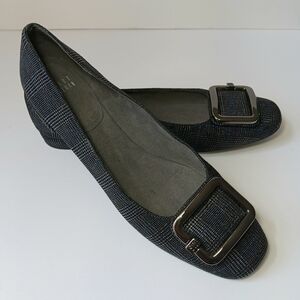 Stuart Weitzman Black Silver Plaid Squared Flats with Gunmetal Buckle Size 8.5 N